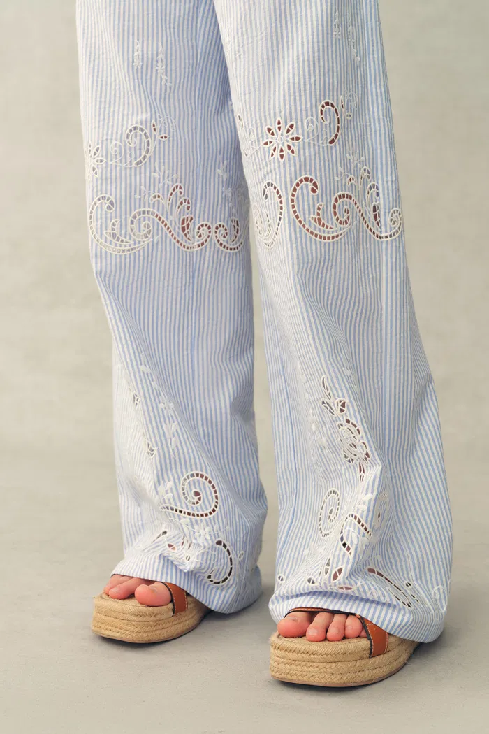 Holly Striped Embroidered Drawstring Wide Leg Pant in Crinkled Cotton - Image 5