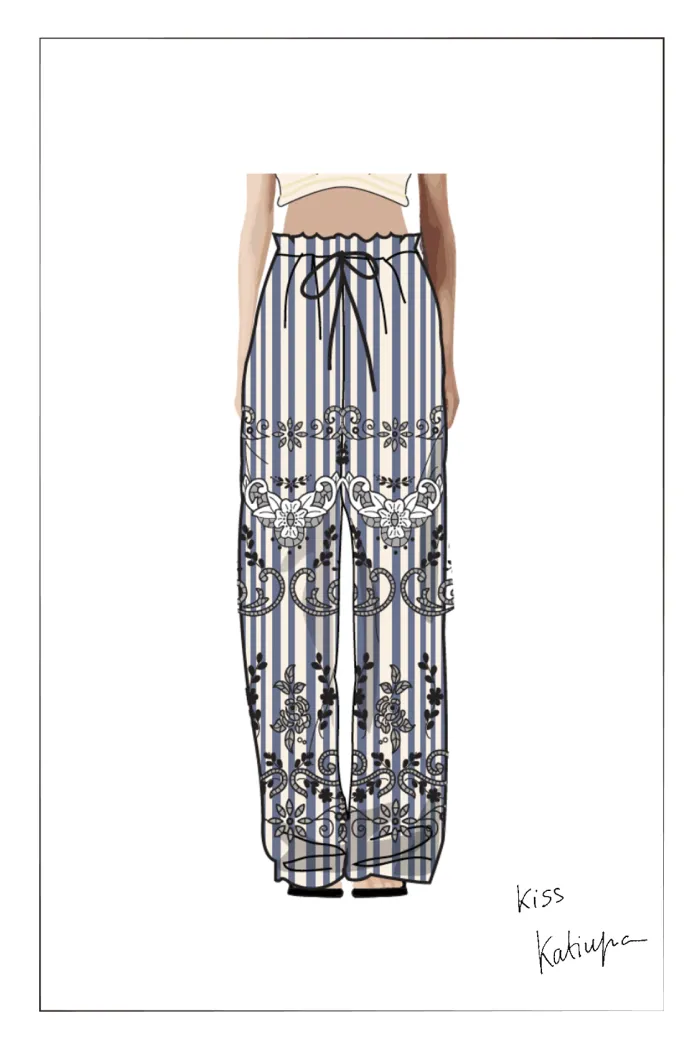Holly Striped Embroidered Drawstring Wide Leg Pant in Crinkled Cotton - Image 6