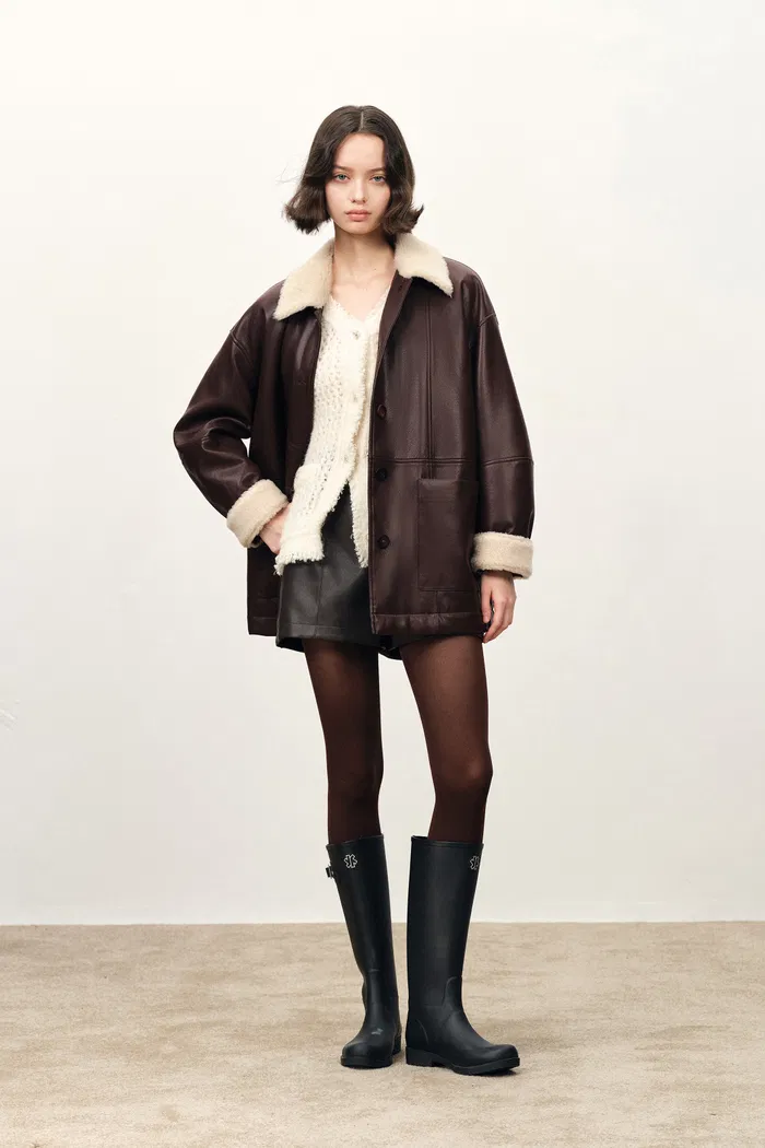 Holme Fur Collar Quilted Leather Jacket in Faux Leather