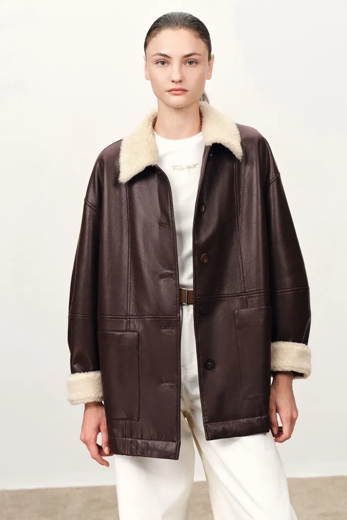 Holme Fur Collar Quilted Leather Jacket in Faux Leather - Image 6
