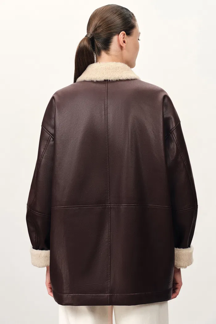 Holme Fur Collar Quilted Leather Jacket in Faux Leather - Image 8