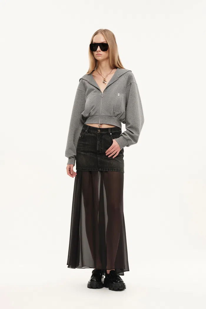 Illusion-S Crop Hoodie in Bright Silk Knitting - Light Grey - Image 5
