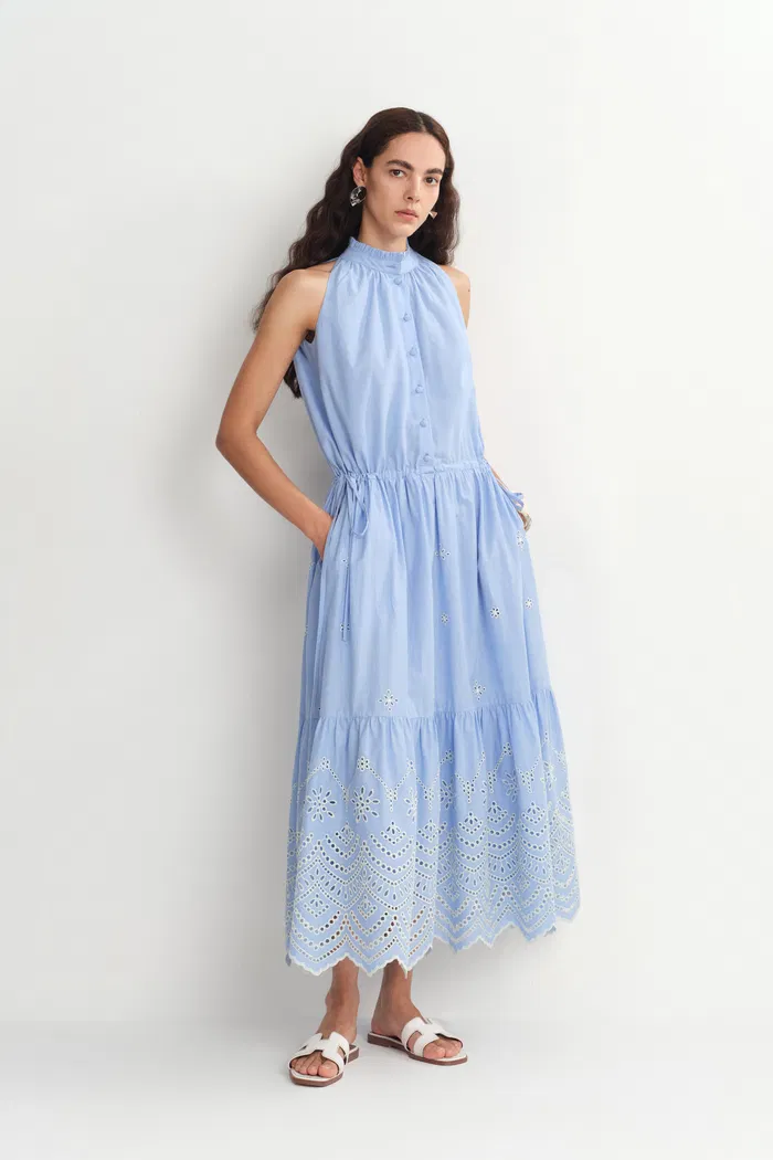Irina Eyelet Embroidery Sleeveless Maxi Dress in Cotton - Image 3