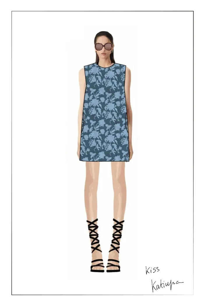 Iris Flora Laserwork Round Neck Short Dress in Cotton Denim - Image 10