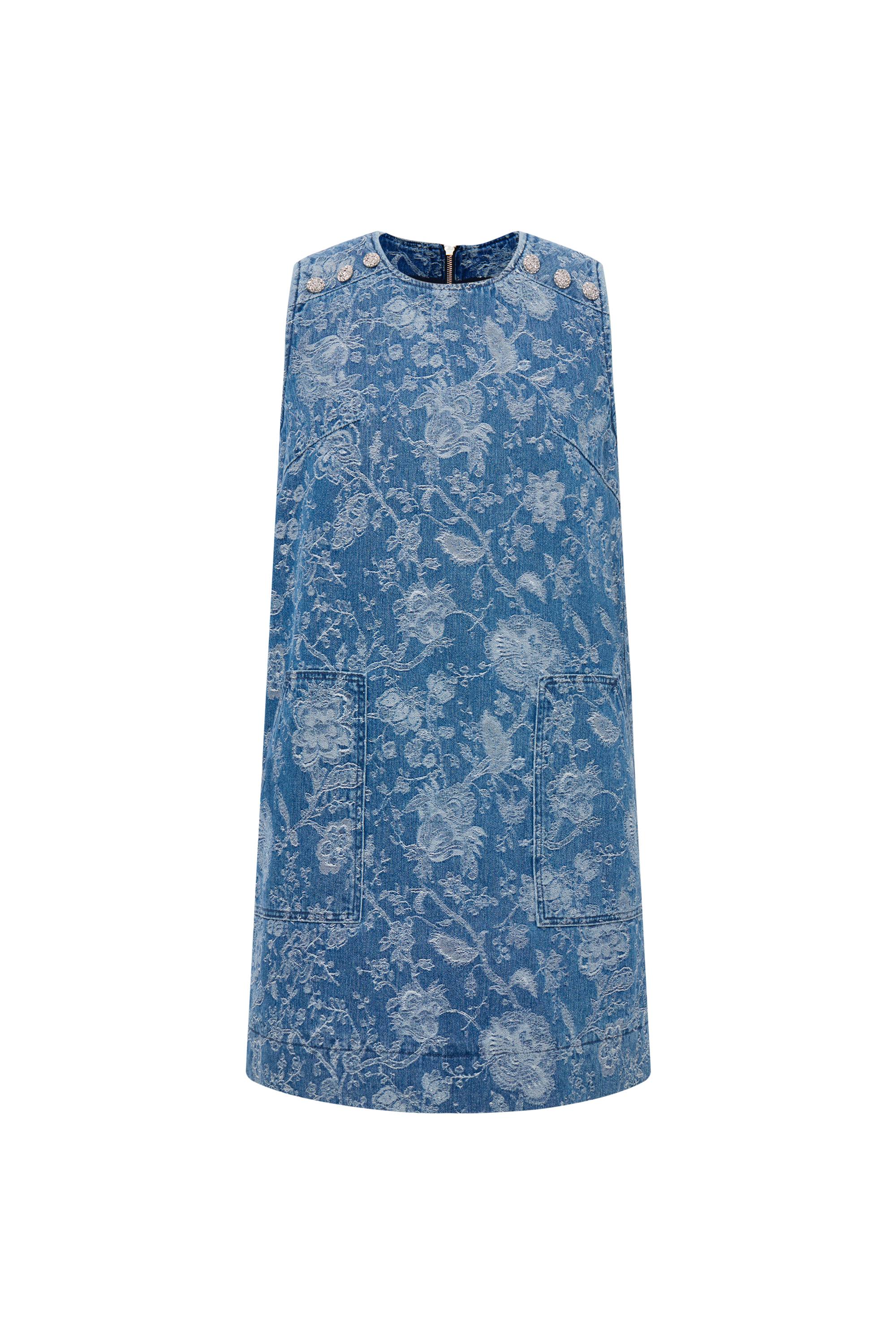 Iris Flora Laserwork Round Neck Short Dress in Cotton Denim - Image 11