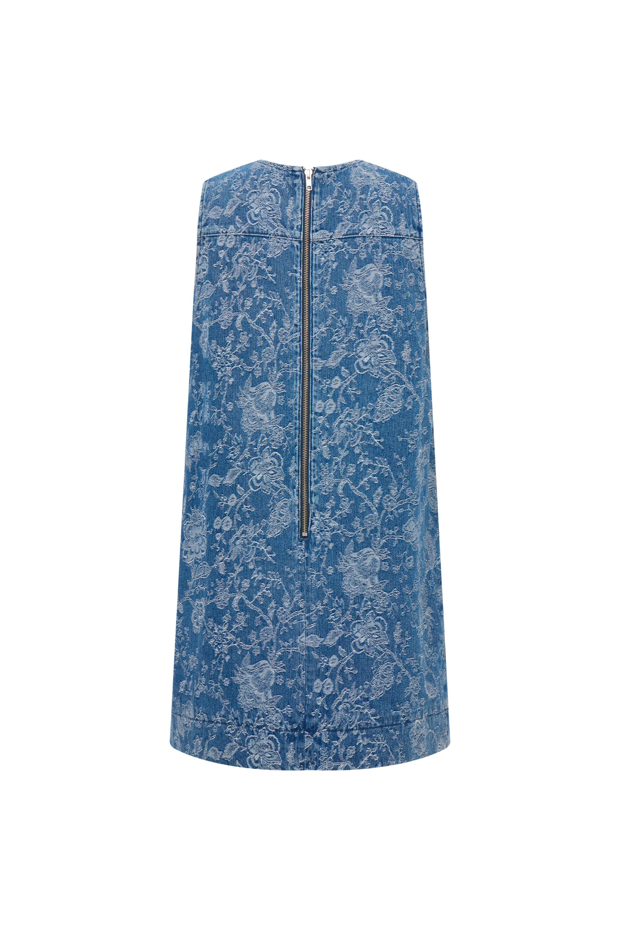 Iris Flora Laserwork Round Neck Short Dress in Cotton Denim - Image 12