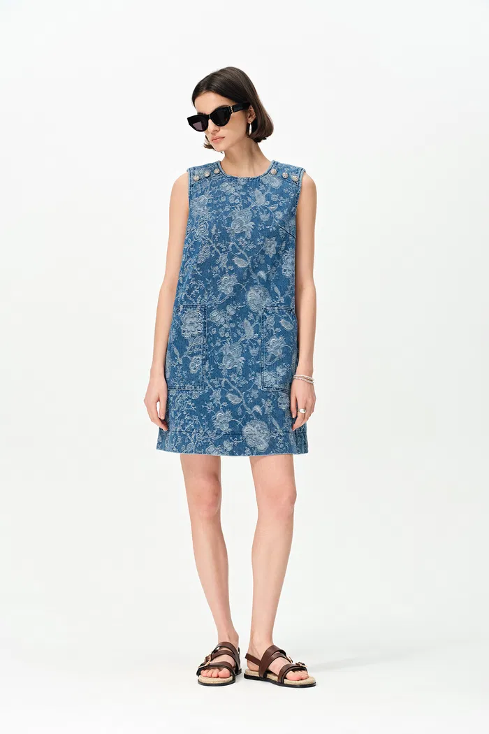 Iris Flora Laserwork Round Neck Short Dress in Cotton Denim - Image 3