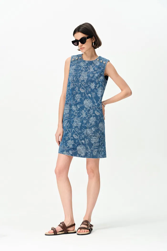 Iris Flora Laserwork Round Neck Short Dress in Cotton Denim - Image 4