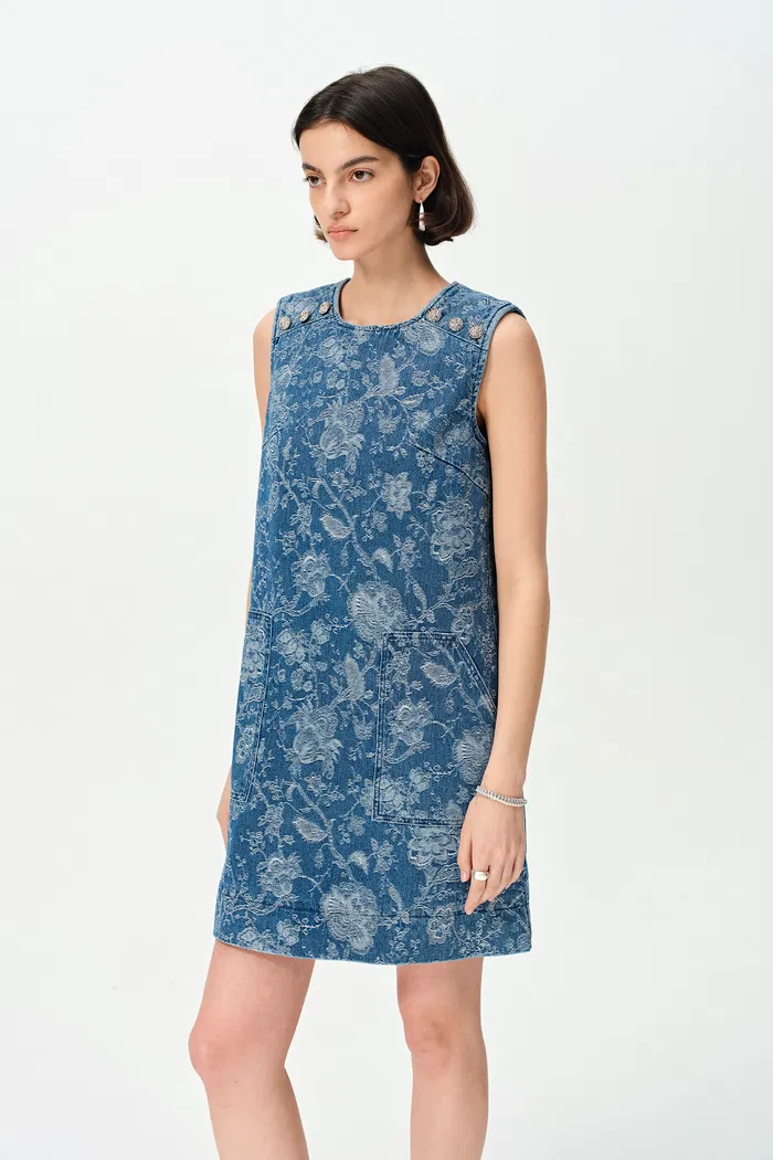 Iris Flora Laserwork Round Neck Short Dress in Cotton Denim - Image 5