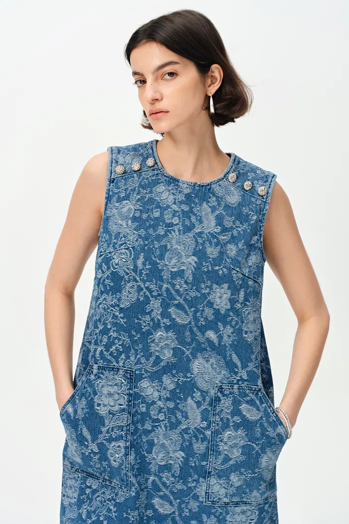Iris Flora Laserwork Round Neck Short Dress in Cotton Denim - Image 6