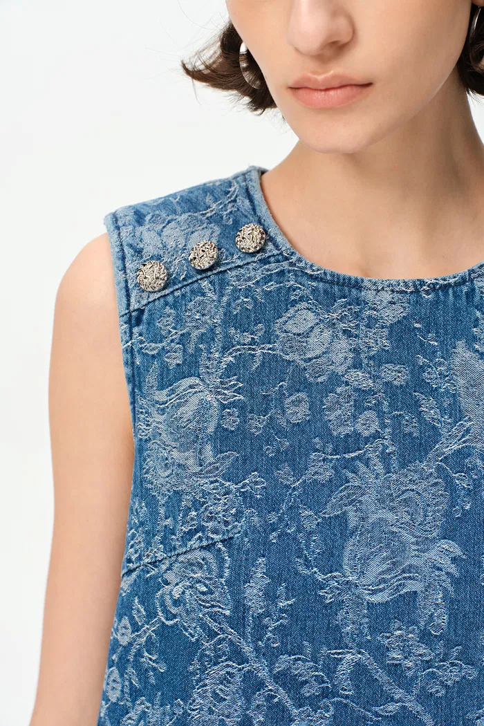 Iris Flora Laserwork Round Neck Short Dress in Cotton Denim - Image 7