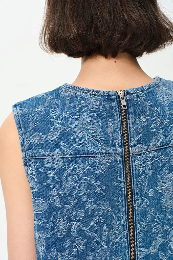 Iris Flora Laserwork Round Neck Short Dress in Cotton Denim - Image 8