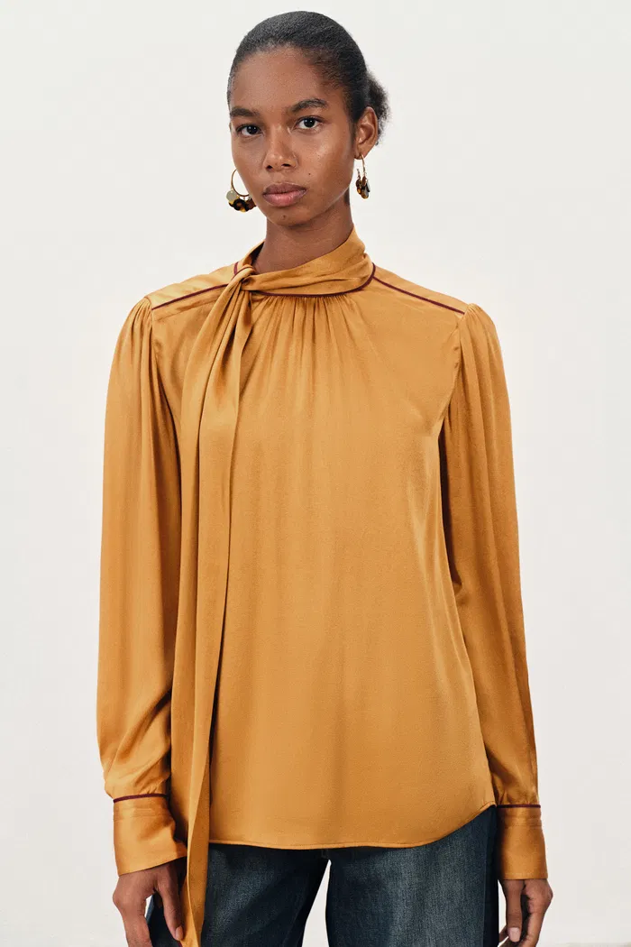 Iris Tie Neck French Blouse in Silk Satin - Image 2