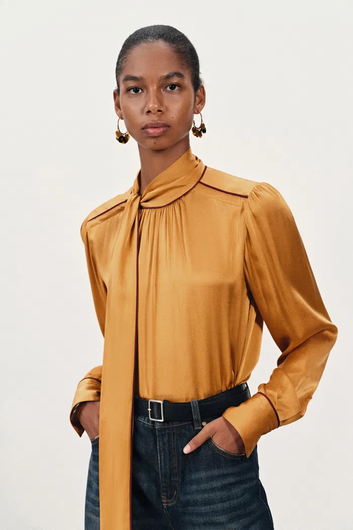Iris Tie Neck French Blouse in Silk Satin - Image 3