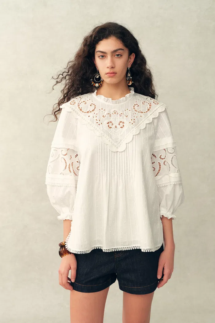 Iris V-Seam Embroidery Puffy Sleeve Blouse and Skirt Set in Cotton Jacquard - Image 2