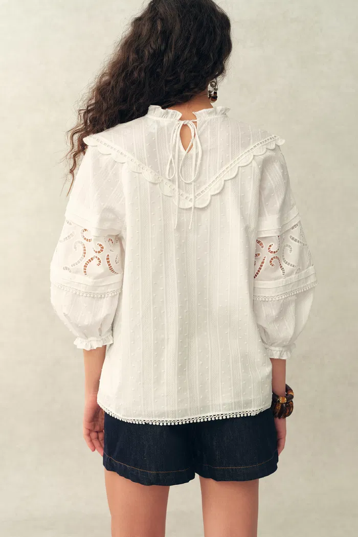 Iris V-Seam Embroidery Puffy Sleeve Blouse and Skirt Set in Cotton Jacquard - Image 3