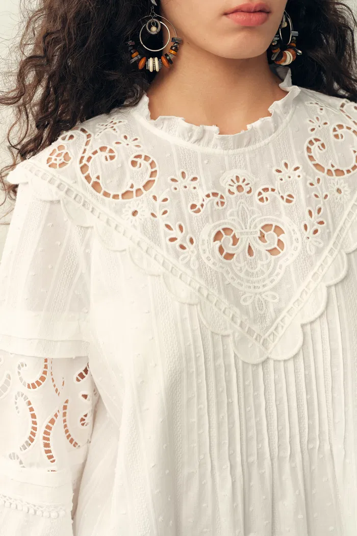 Iris V-Seam Embroidery Puffy Sleeve Blouse and Skirt Set in Cotton Jacquard - Image 4