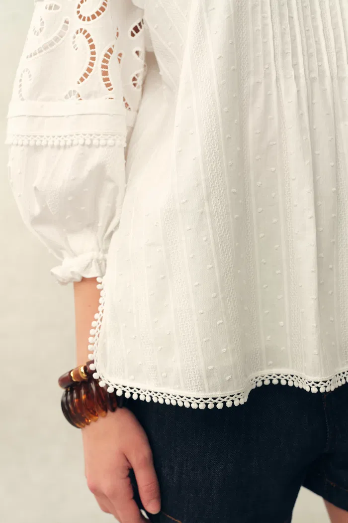 Iris V-Seam Embroidery Puffy Sleeve Blouse and Skirt Set in Cotton Jacquard - Image 5