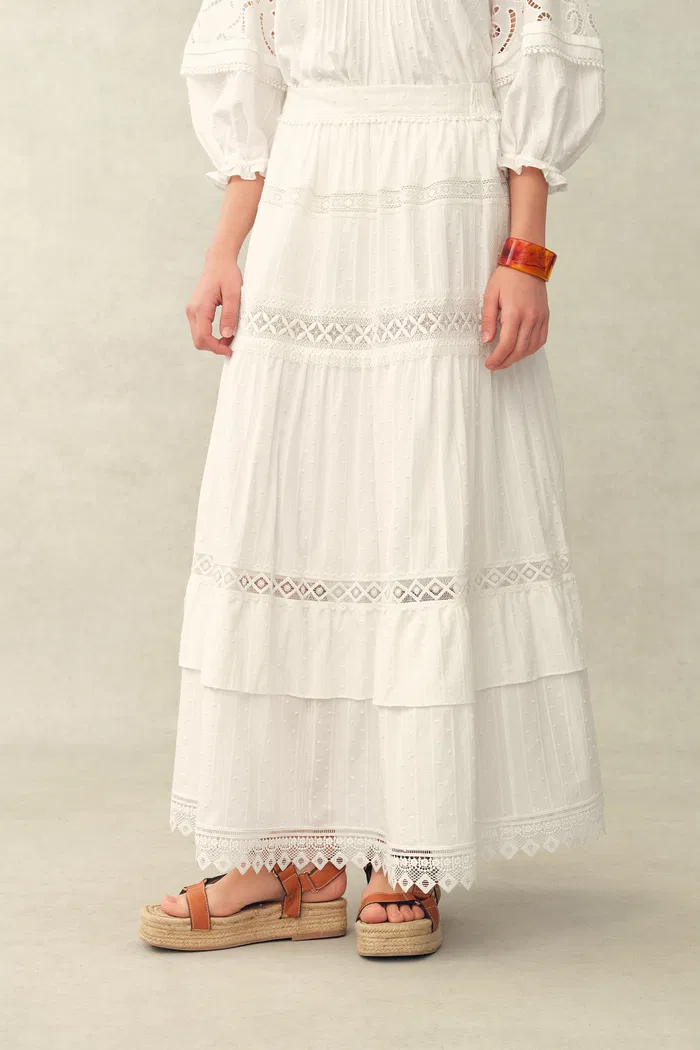 Iris V-Seam Embroidery Puffy Sleeve Blouse and Skirt Set in Cotton Jacquard - Image 6