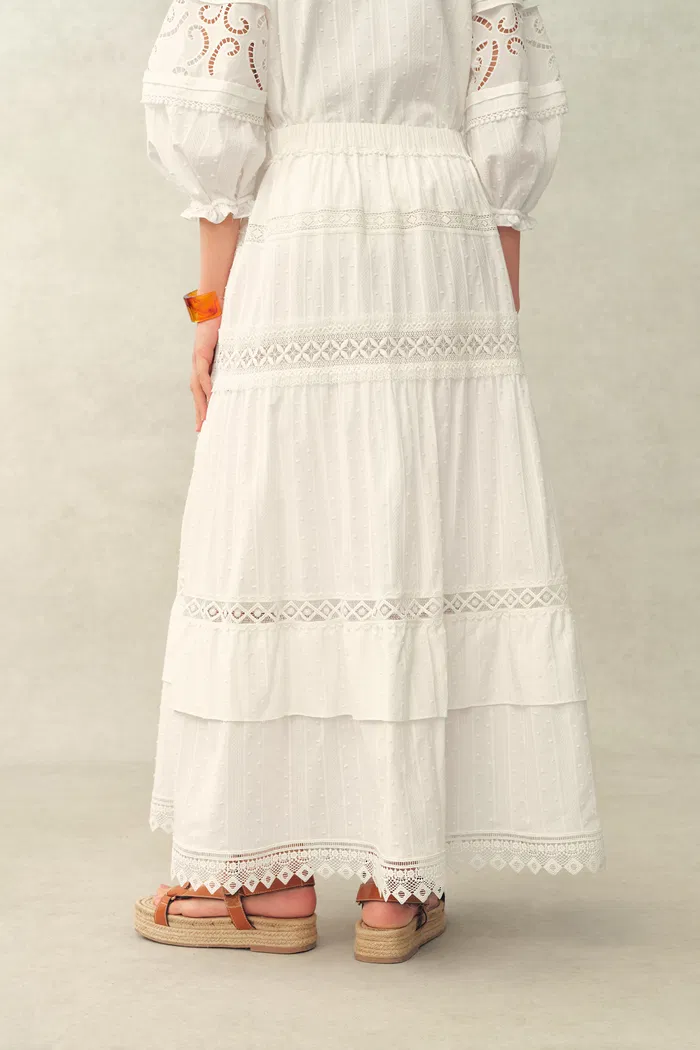 Iris V-Seam Embroidery Puffy Sleeve Blouse and Skirt Set in Cotton Jacquard - Image 7