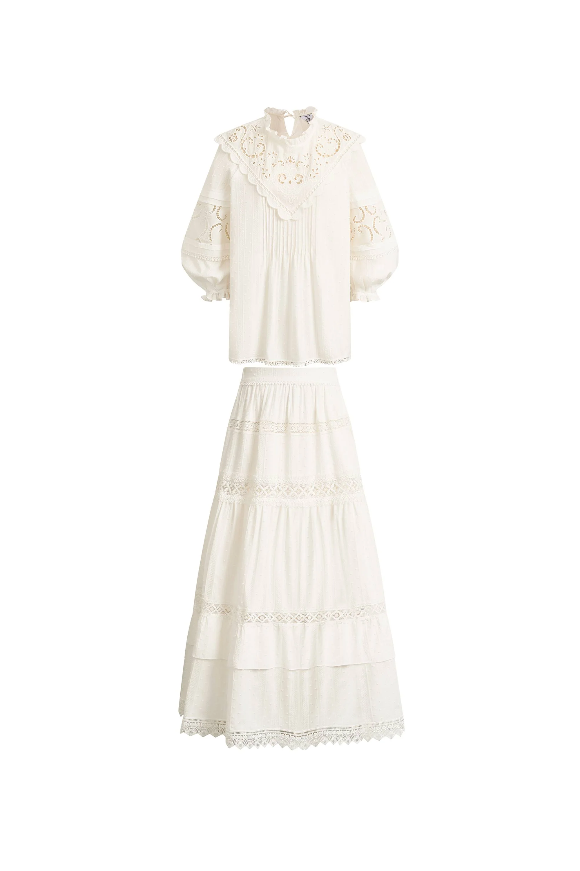 Iris V-Seam Embroidery Puffy Sleeve Blouse and Skirt Set in Cotton Jacquard - Image 8