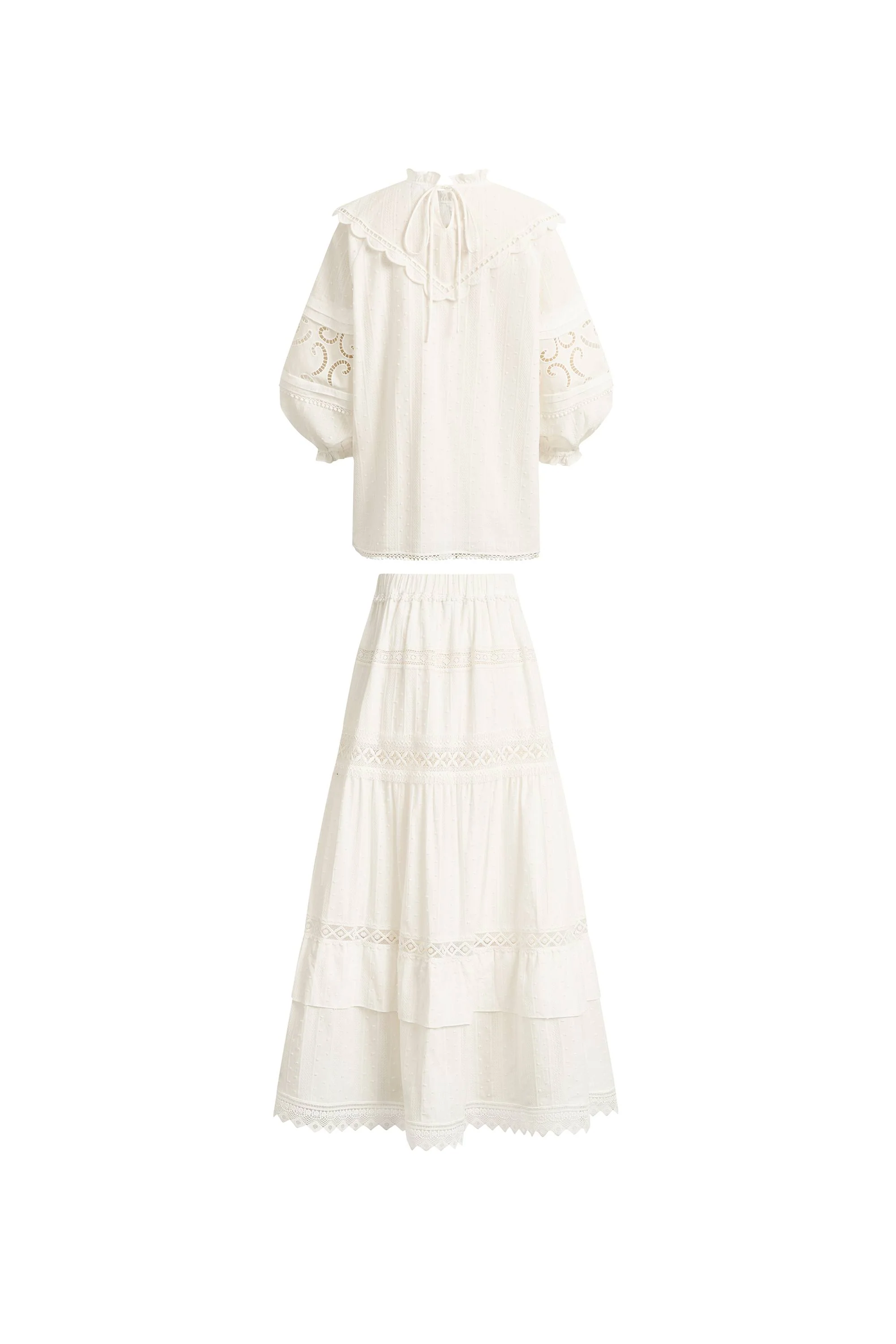 Iris V-Seam Embroidery Puffy Sleeve Blouse and Skirt Set in Cotton Jacquard - Image 9