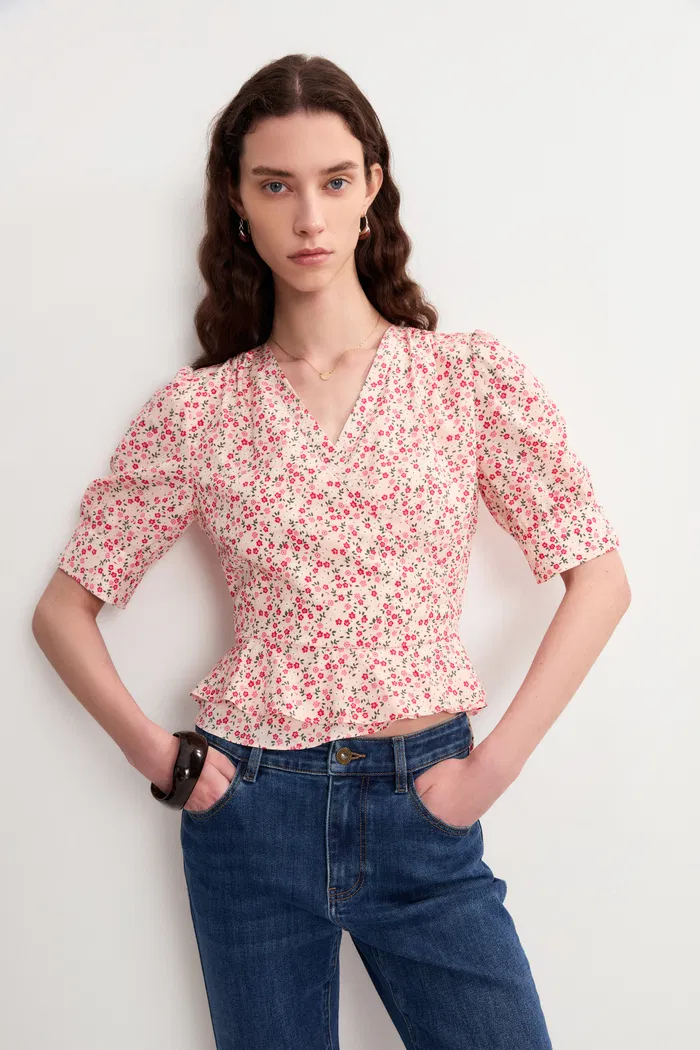 Irisa Floral Pink Blouse Top in Matte Mulberry Silk Crepe - Image 2