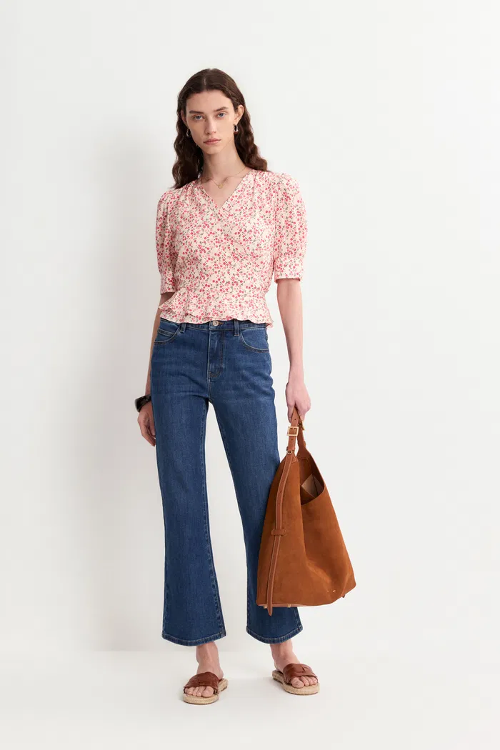 Irisa Floral Pink Blouse Top in Matte Mulberry Silk Crepe - Image 3