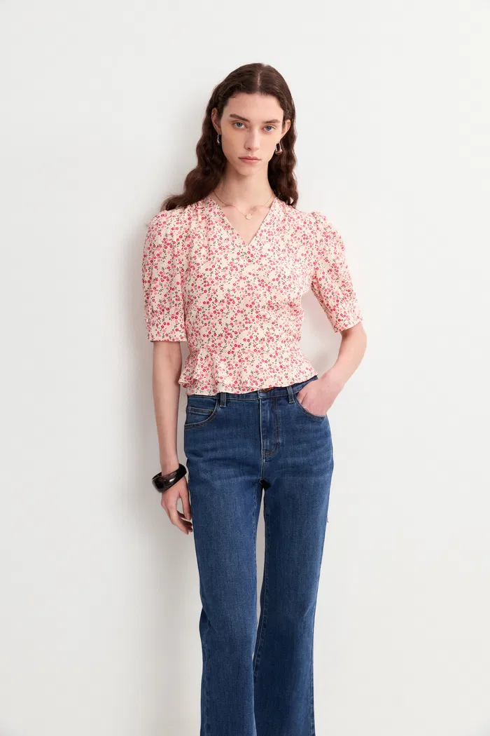 Irisa Floral Pink Blouse Top in Matte Mulberry Silk Crepe - Image 4