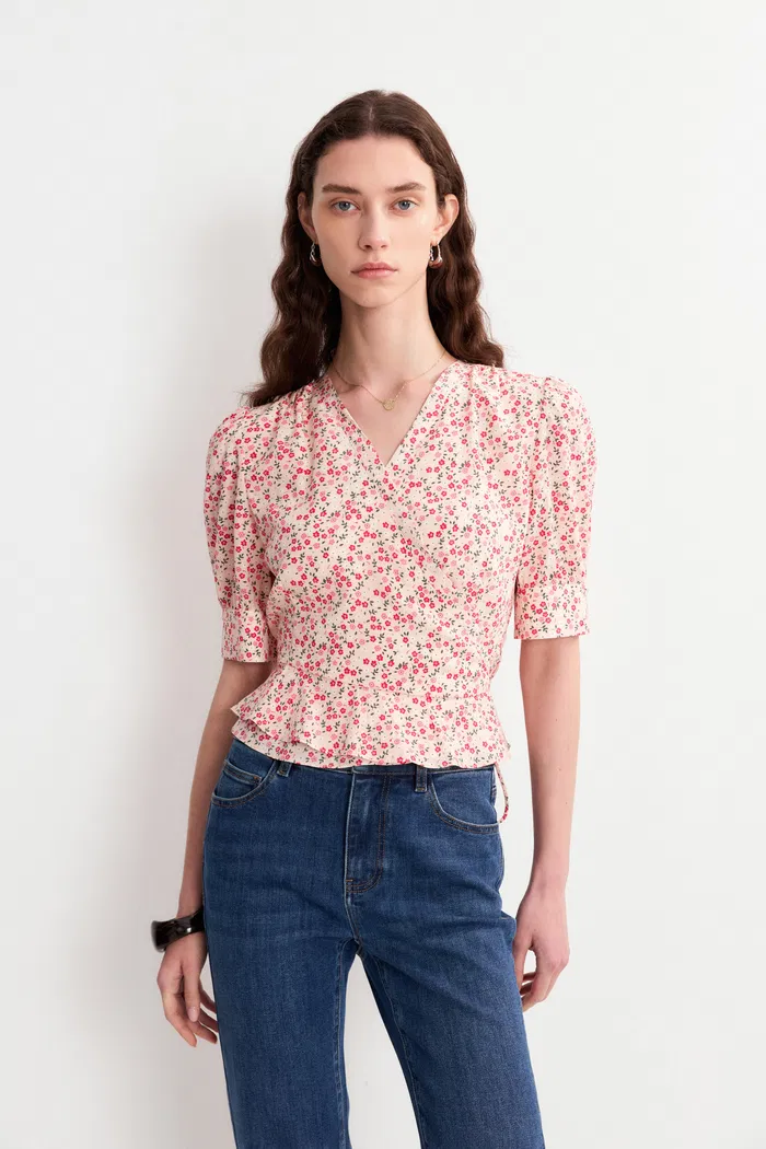 Irisa Floral Pink Blouse Top in Matte Mulberry Silk Crepe - Image 5