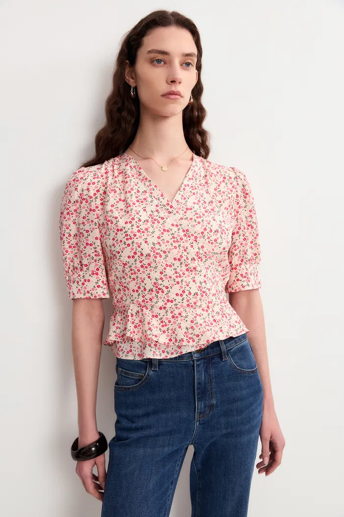 Irisa Floral Pink Blouse Top in Matte Mulberry Silk Crepe - Image 7