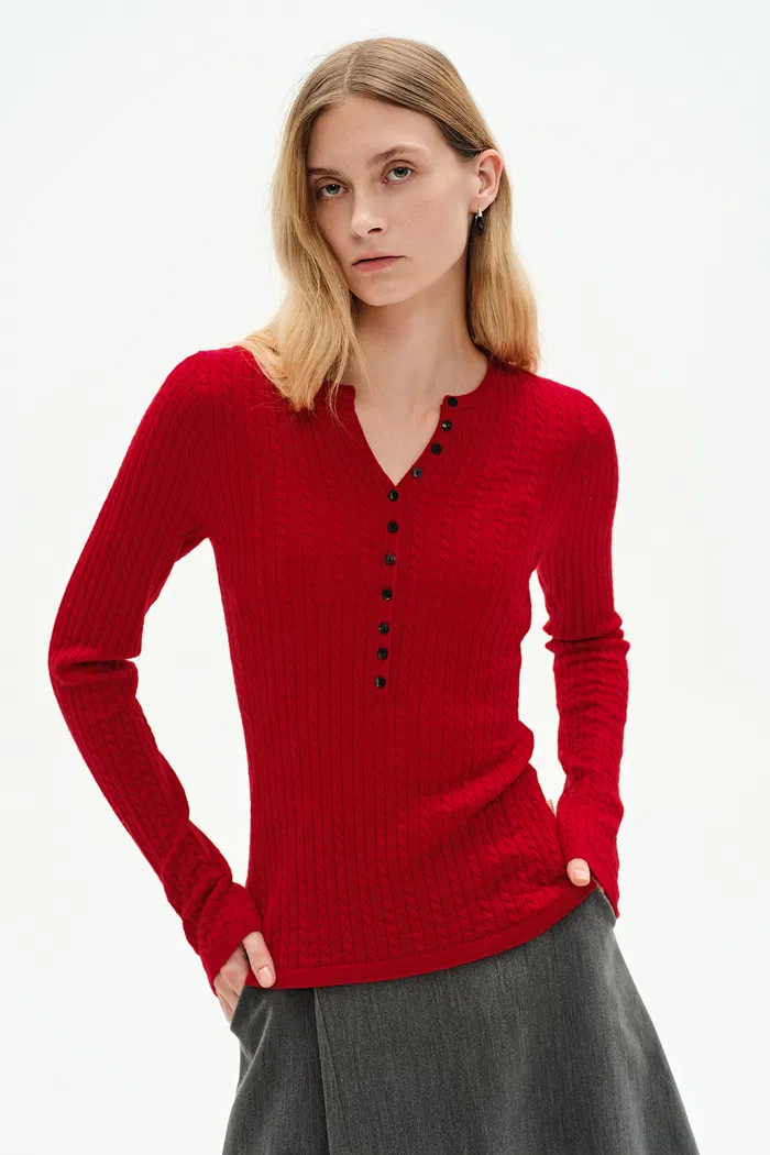 Issac Red Long Sleeve Pullover in Australian Merino Yarn Knit - Image 2