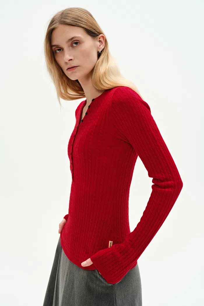 Issac Red Long Sleeve Pullover in Australian Merino Yarn Knit - Image 5