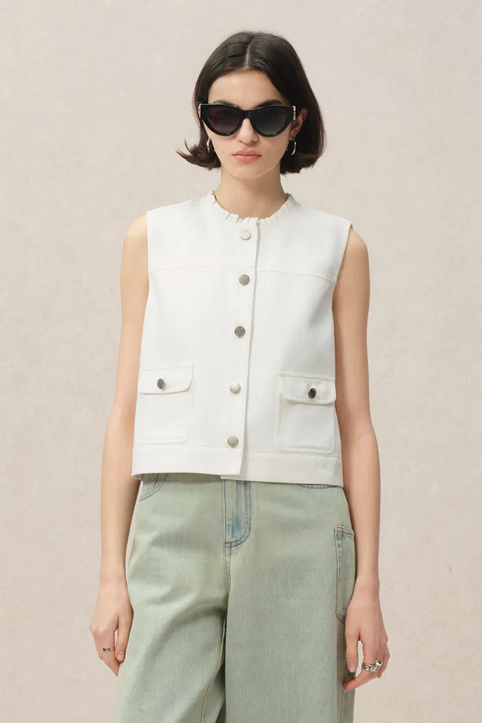 Ivan Ruffled Denim Vest in Technical Lyocell Denim - Image 8