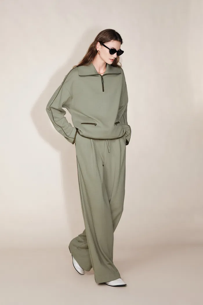 Jane Contrast Trimmed Lapel Zip Up Sweatshirt and Pants Matching Sets in  Cotton - Image 3