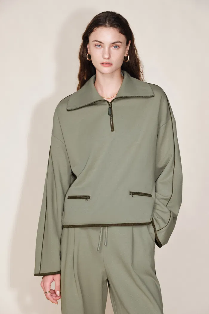Jane Contrast Trimmed Lapel Zip Up Sweatshirt in Cotton - Image 2