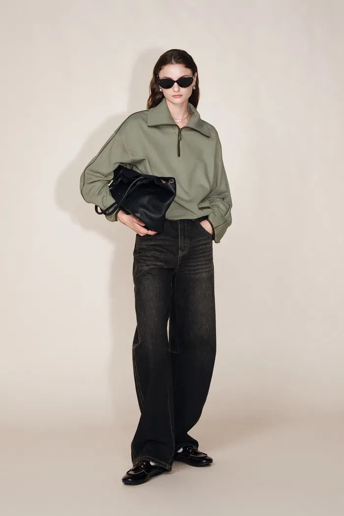 Jane Contrast Trimmed Lapel Zip Up Sweatshirt in Cotton - Image 4