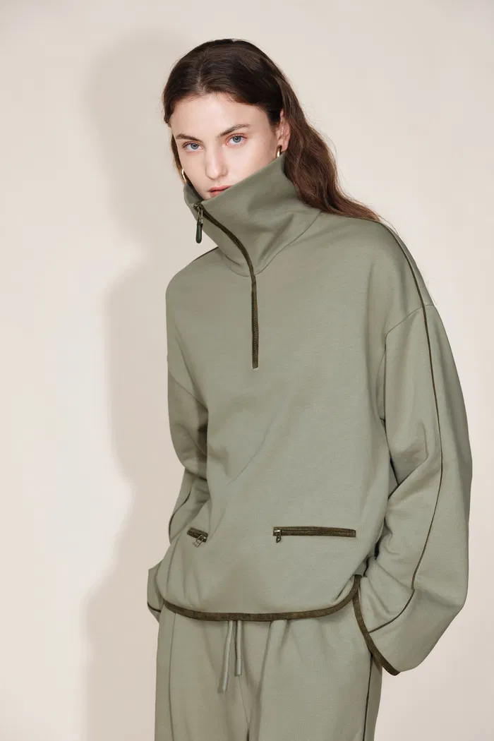 Jane Contrast Trimmed Lapel Zip Up Sweatshirt in Cotton - Image 5