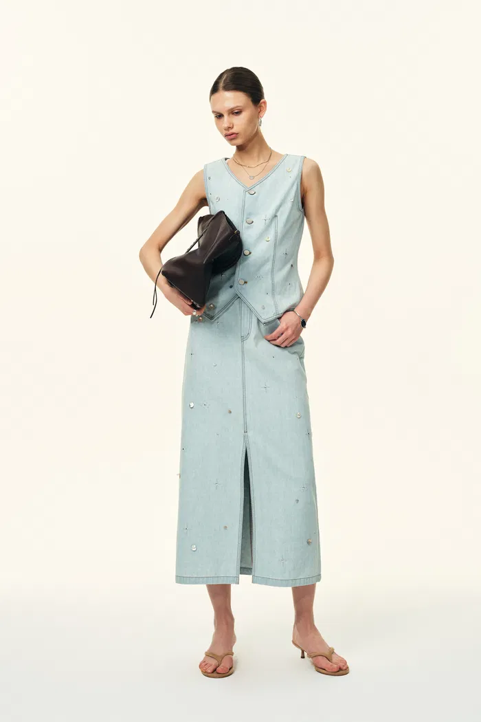 Jean Handwork Bead Denim Vest Top and Skirt Set in Cotton Denim
