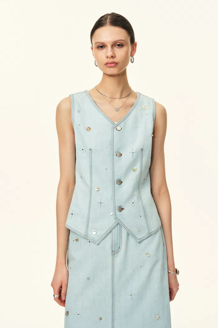 Jean Handwork Bead Denim Vest Top and Skirt Set in Cotton Denim - Image 2