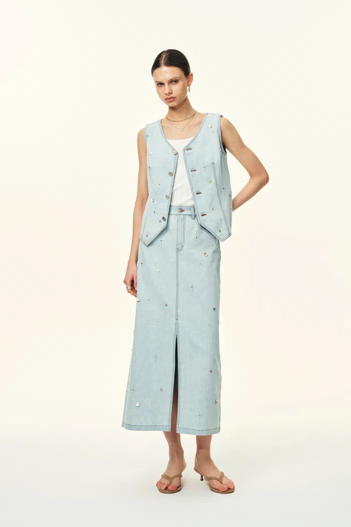 Jean Handwork Bead Denim Vest Top and Skirt Set in Cotton Denim - Image 3