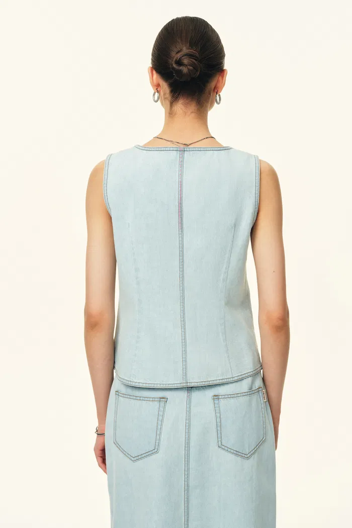 Jean Handwork Bead Denim Vest Top and Skirt Set in Cotton Denim - Image 4