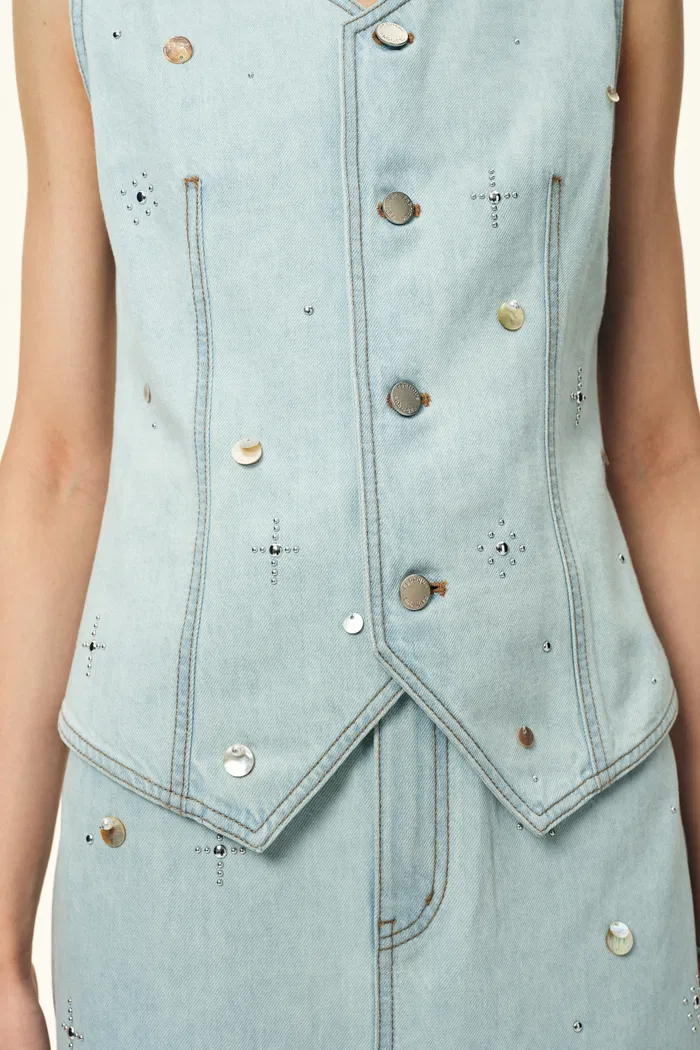 Jean Handwork Bead Denim Vest Top and Skirt Set in Cotton Denim - Image 5