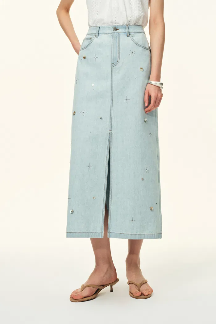 Jean Handwork Bead Denim Vest Top and Skirt Set in Cotton Denim - Image 7