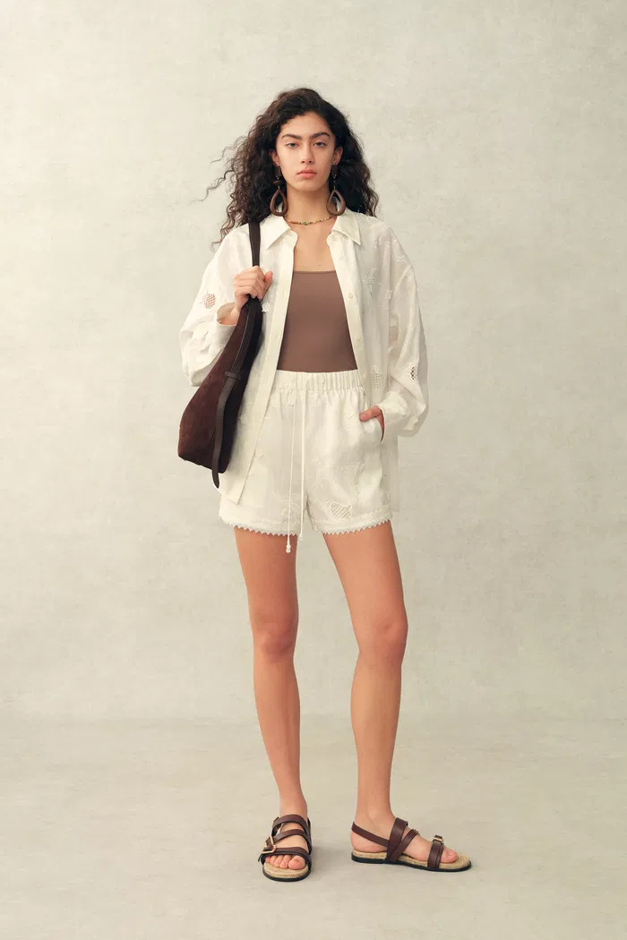 Jill Mesh Embroidered Shorts in Silk Linen Blend - Image 2