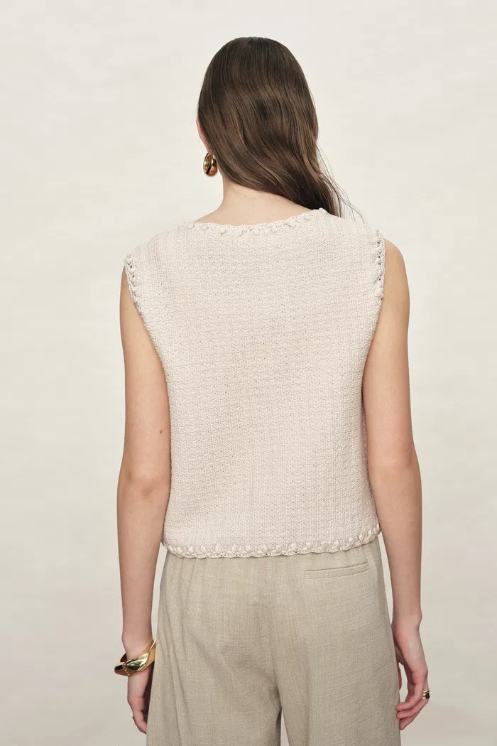 Jinelle Hand-crocheted Textured Sleeveless Vest Top in Cotton Knit - Image 3