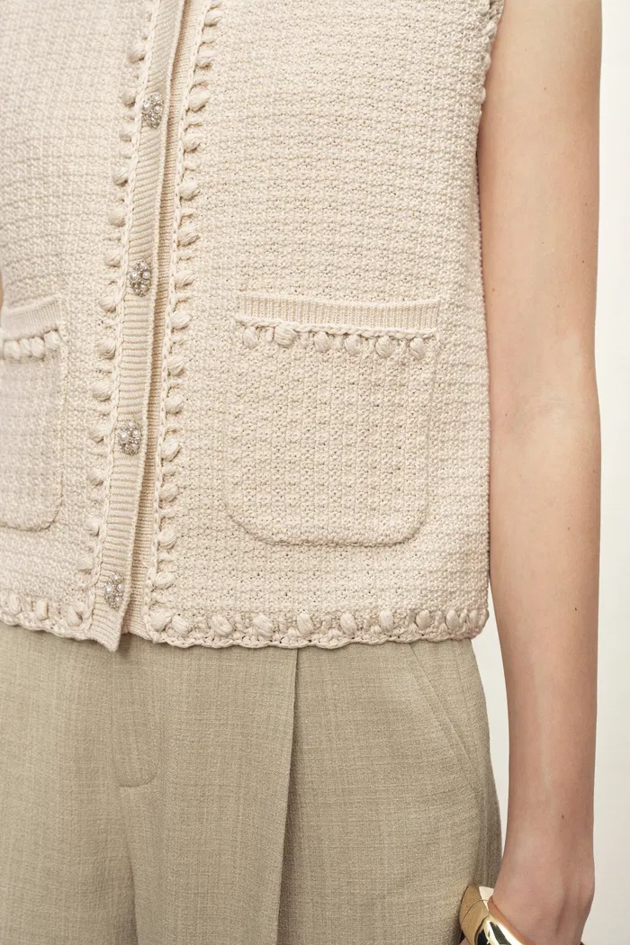 Jinelle Hand-crocheted Textured Sleeveless Vest Top in Cotton Knit - Image 5