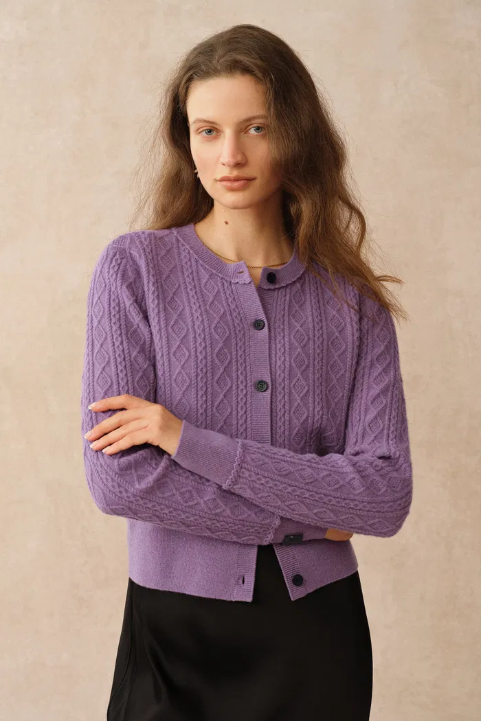 Jinji Purple Lace Trim Light Short Cardigan in Wool Cable Knit - Image 4