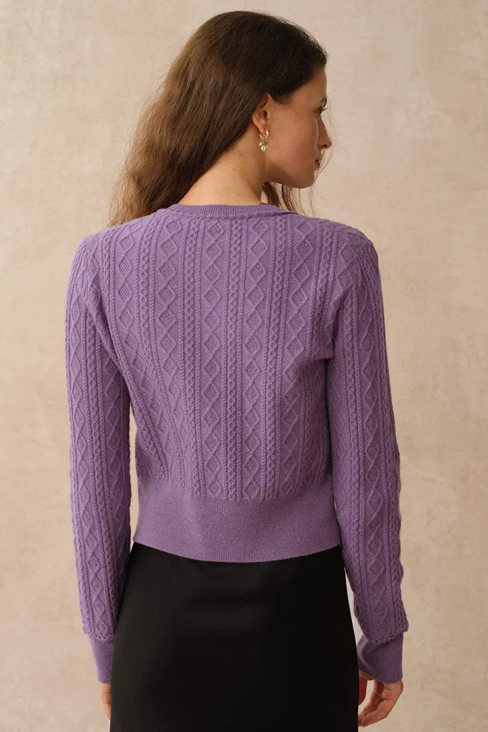 Jinji Purple Lace Trim Light Short Cardigan in Wool Cable Knit - Image 5
