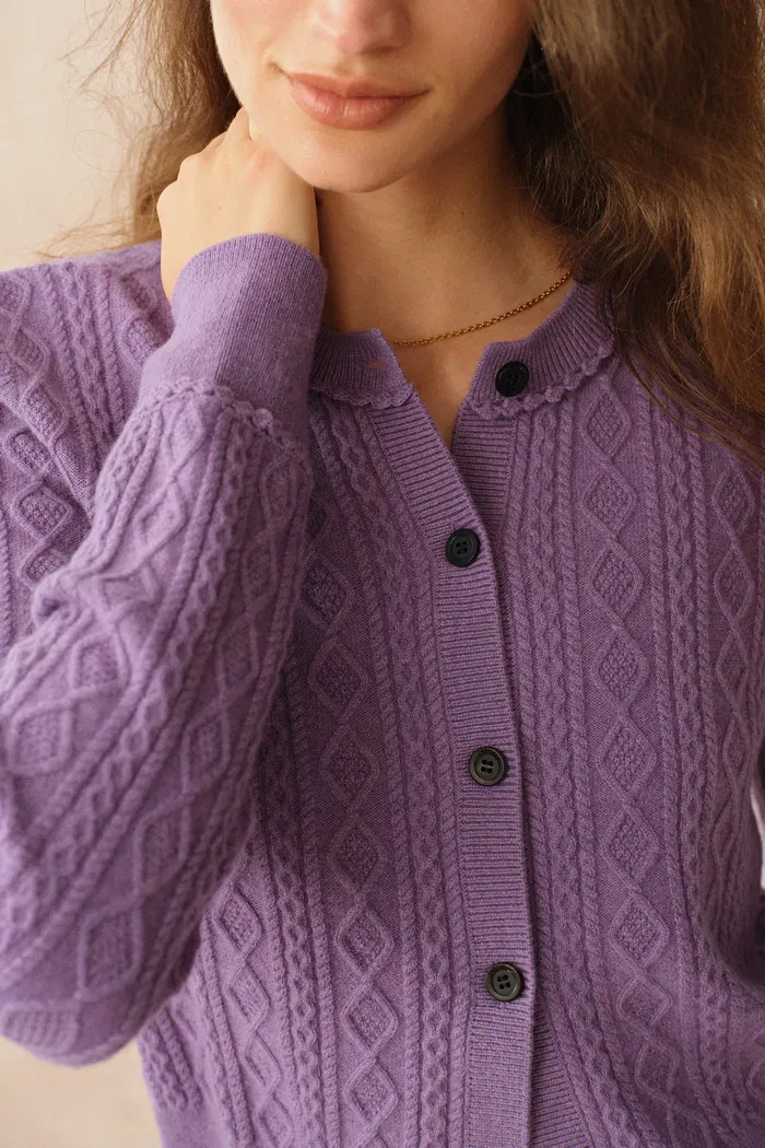 Jinji Purple Lace Trim Light Short Cardigan in Wool Cable Knit - Image 6